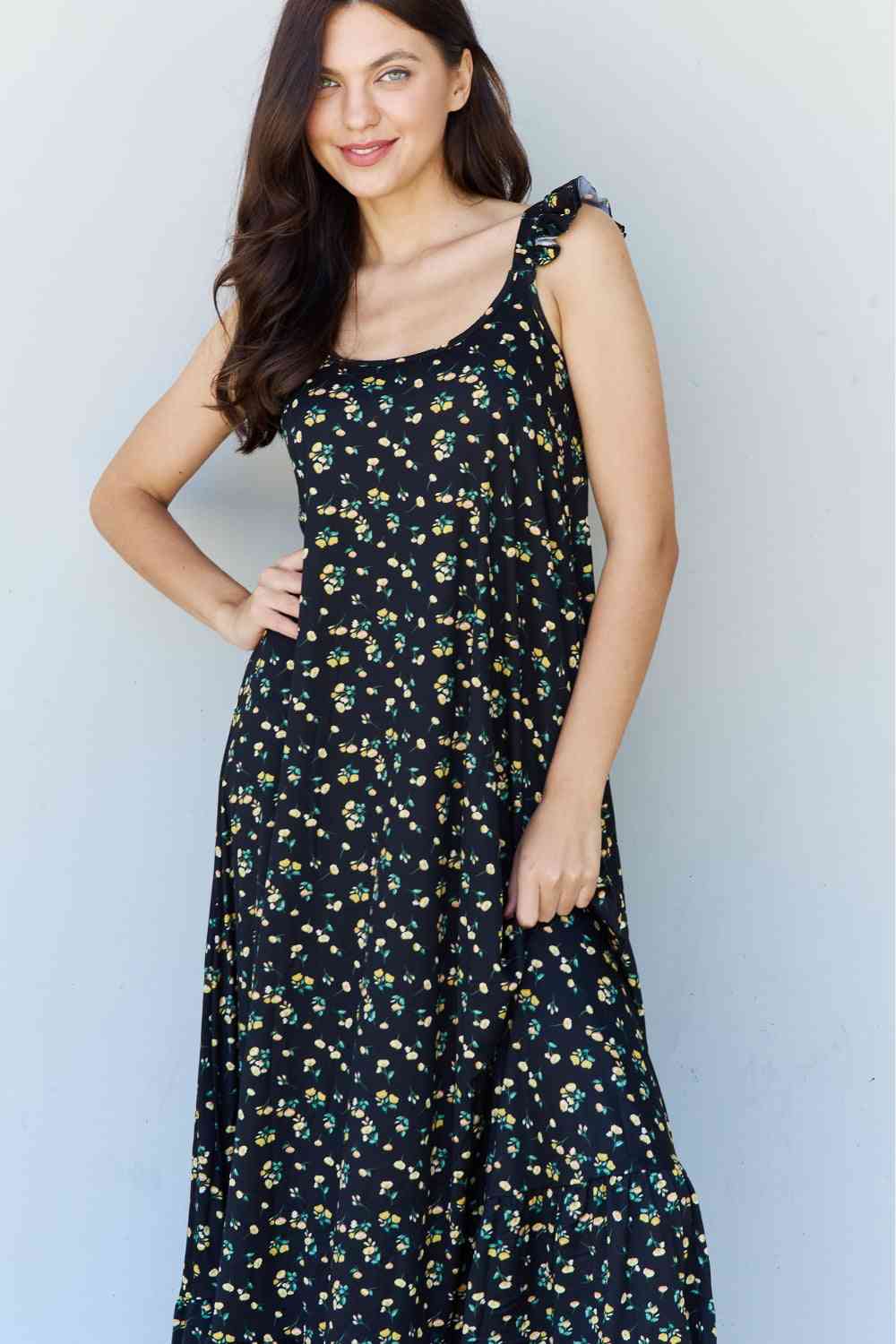Ruffle Floral Maxi Dress in Black Yellow Floral