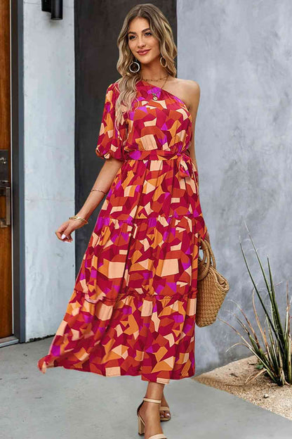 Printed One-Shoulder Tie Belt Maxi Dress