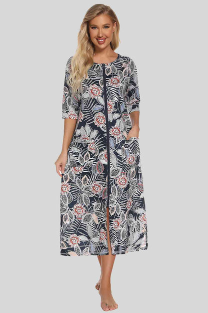 Printed Slit Night Dress with Pockets