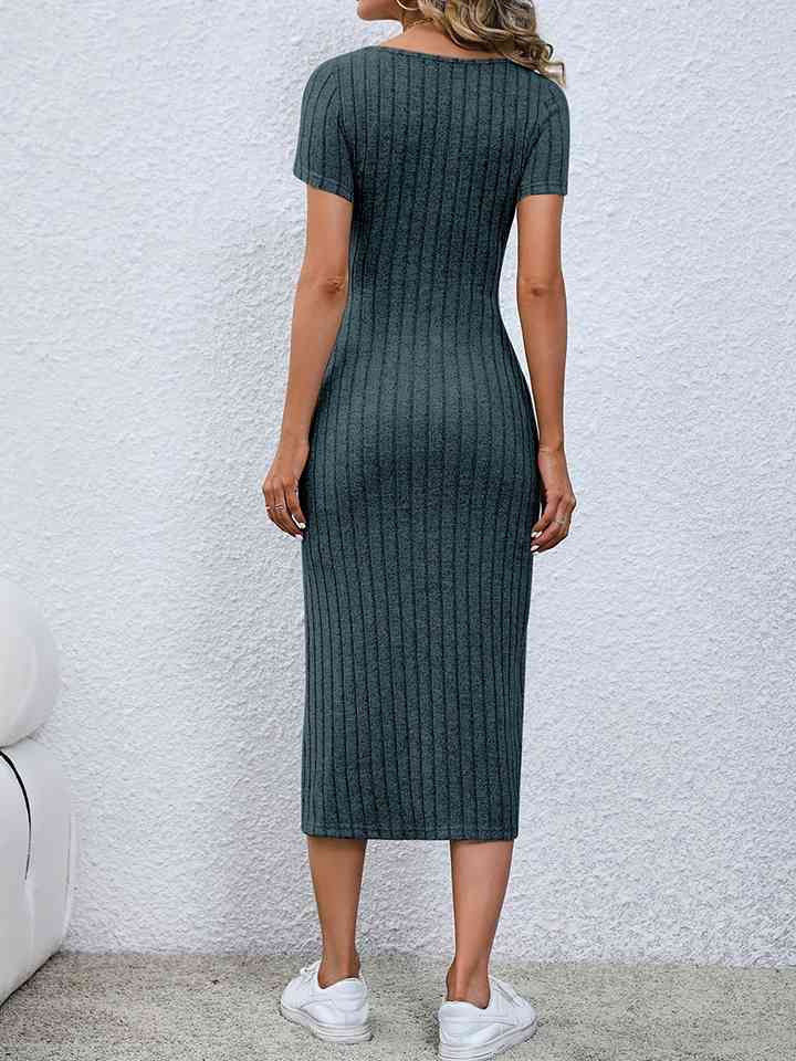 Short Sleeve Slit Midi Sweater Dress