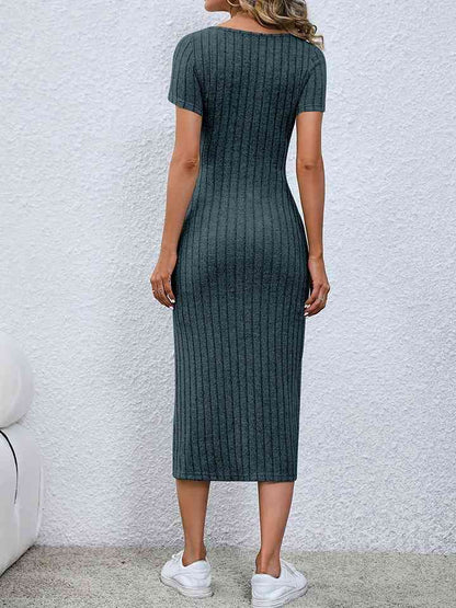 Short Sleeve Slit Midi Sweater Dress