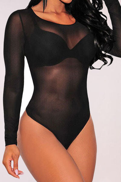 Round Neck Long Sleeve Sheer Bodysuit