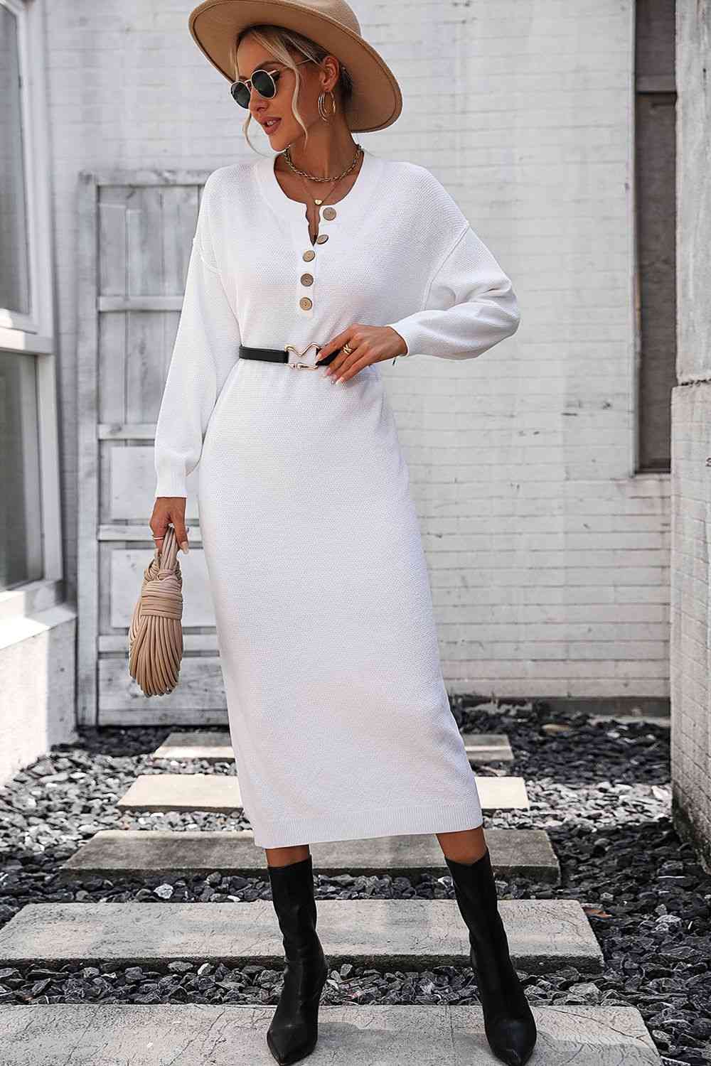 Notched Neck Dropped Shoulder Button-Down Midi Sweater Dress