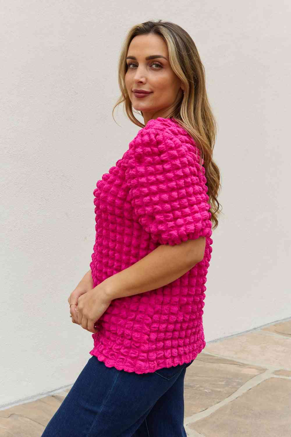 Full Size Bubble Textured Puff Sleeve Top