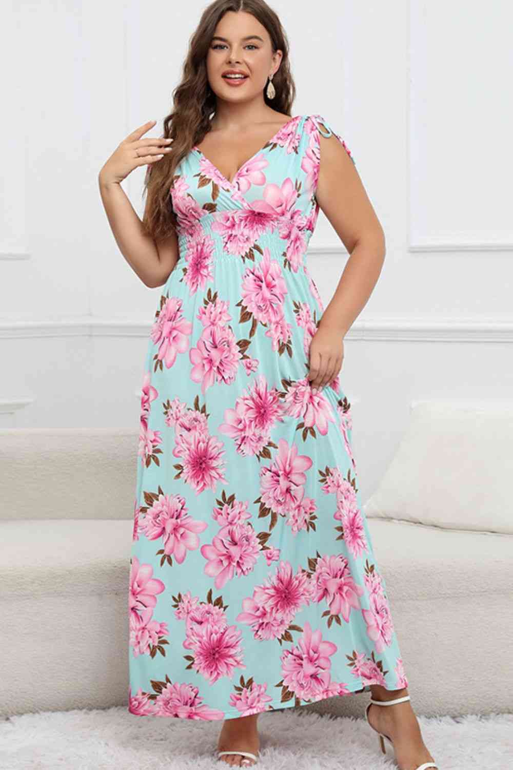 Full Size Floral Surplice Neck Maxi Dress