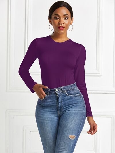 Round Neck Long Sleeve Stretchy Bodysuit