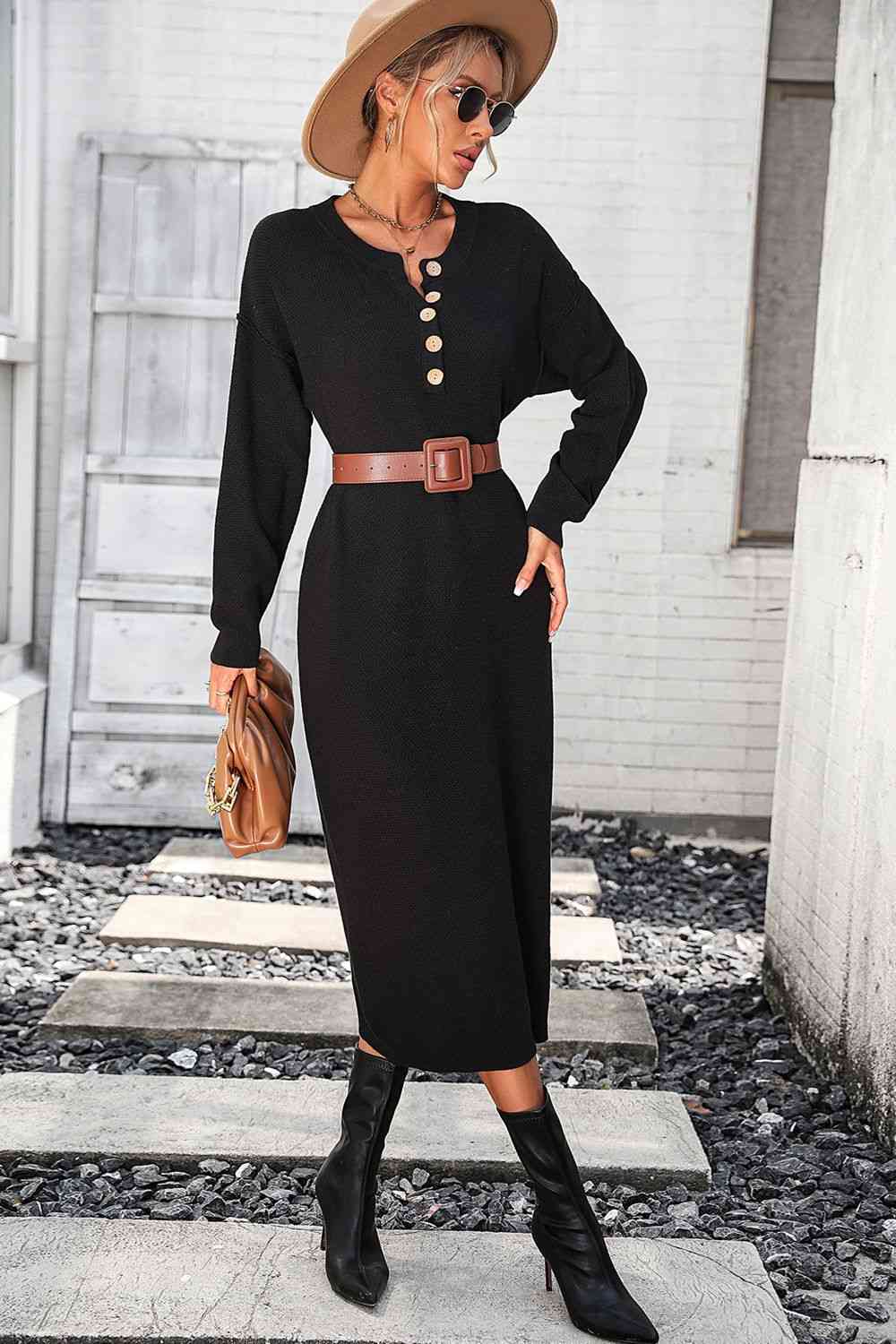 Notched Neck Dropped Shoulder Button-Down Midi Sweater Dress