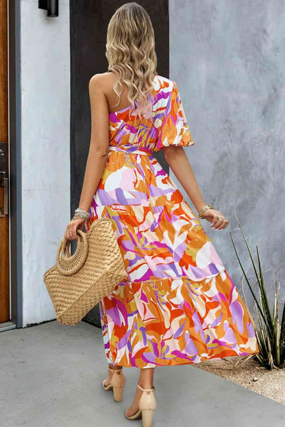 Printed One-Shoulder Tie Belt Maxi Dress