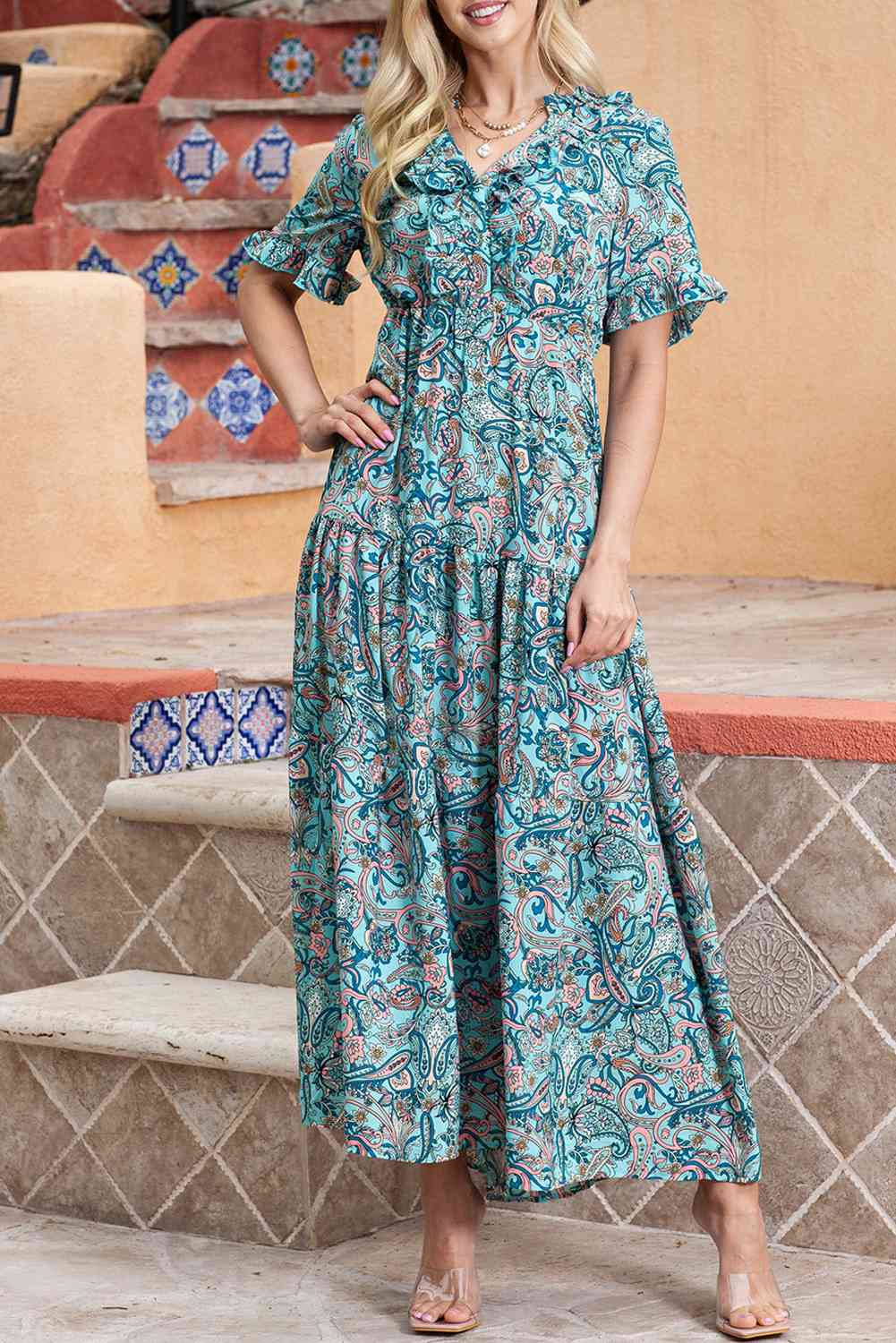 Paisley Print Flounce Sleeve Maxi Dress