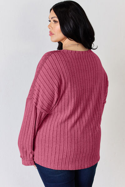 Full Size Ribbed Half Button Long Sleeve T-Shirt