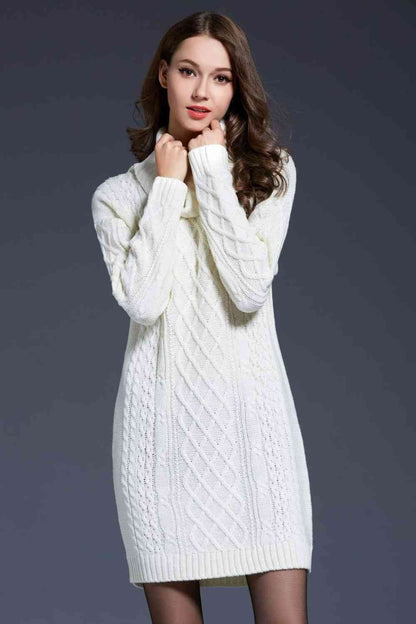 Full Size Mixed Knit Cowl Neck Dropped Shoulder Sweater Dress