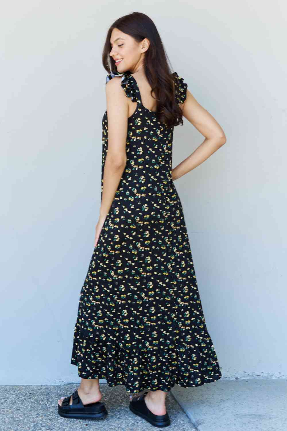 Ruffle Floral Maxi Dress in  Black Yellow Floral