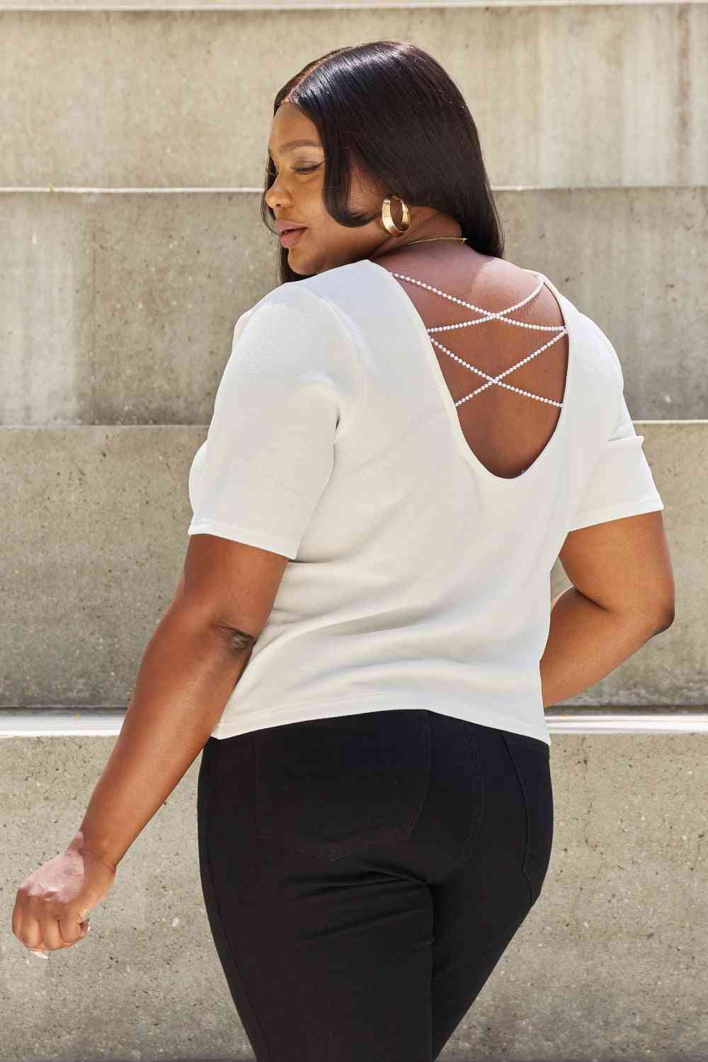 Full Size Crisscross Pearl Detail Open Back T-Shirt