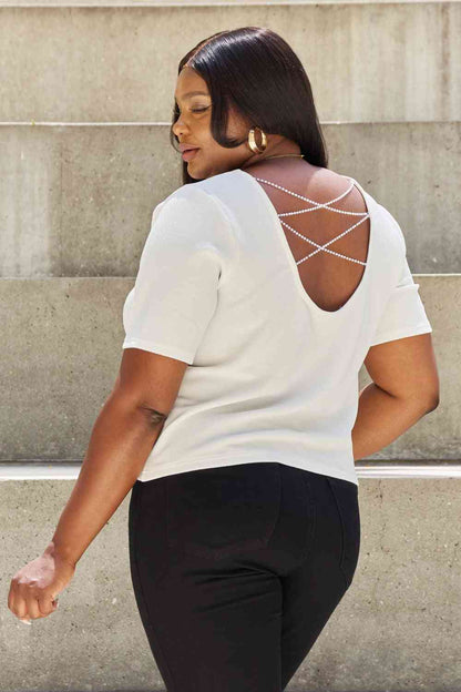 Full Size Crisscross Pearl Detail Open Back T-Shirt