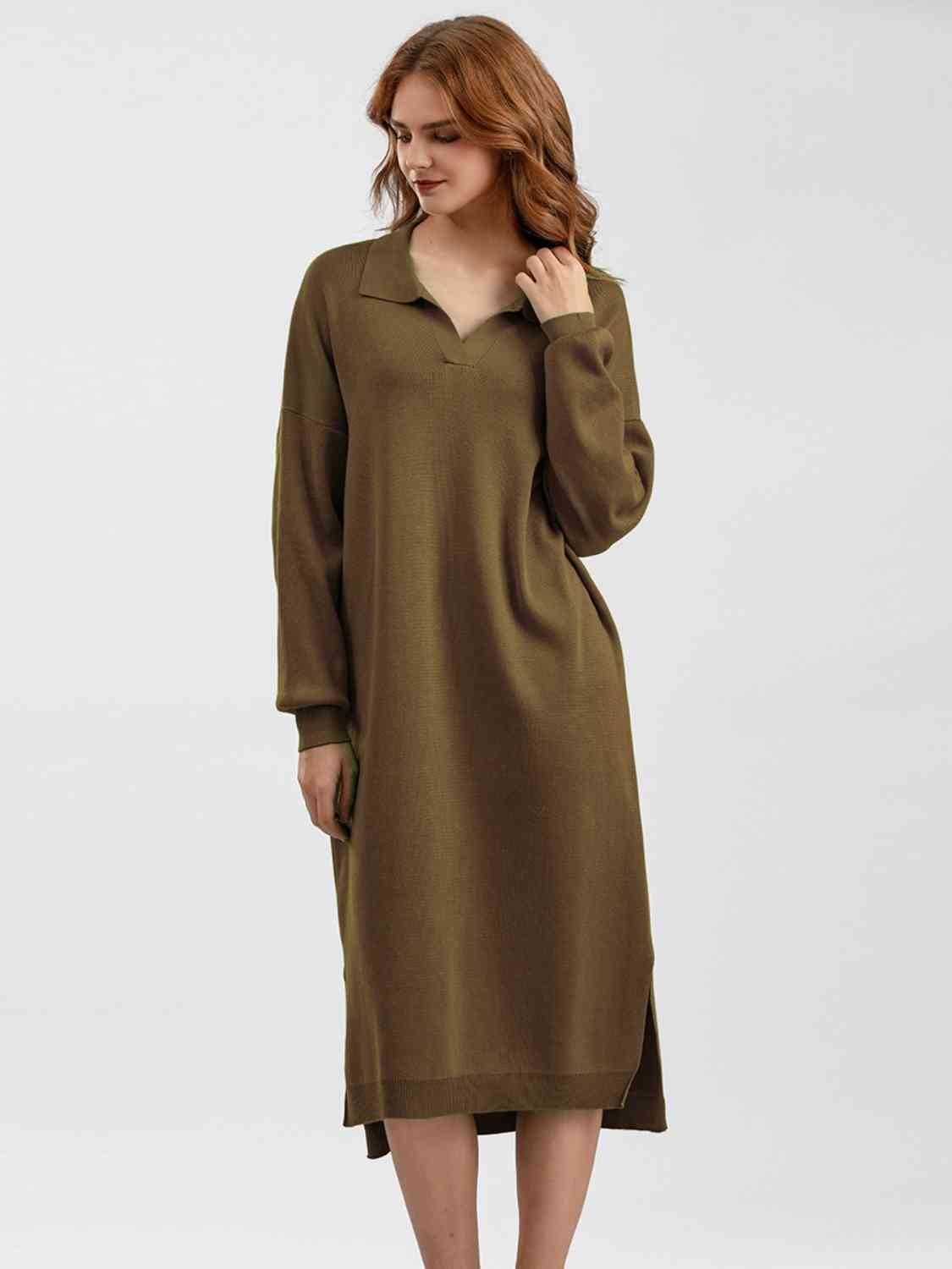 Johnny Collar Long Sleeve Slit Sweater Dress