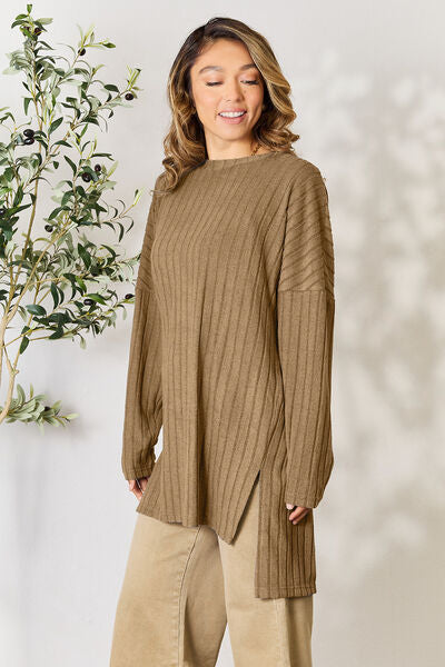 Full Size Ribbed Round Neck Long Sleeve Slit Top