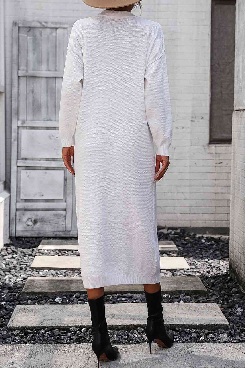 Notched Neck Dropped Shoulder Button-Down Midi Sweater Dress