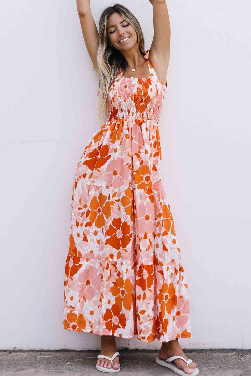 Floral Tie-Shoulder Smocked Maxi Dress