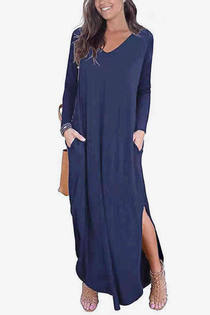 Split Long Sleeve V-Neck Maxi Dress