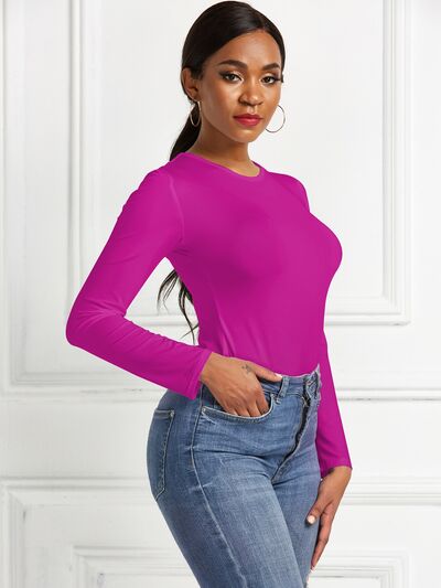 Round Neck Long Sleeve Stretchy Bodysuit