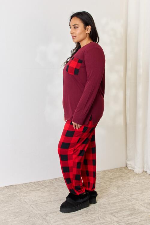 Full Size Plaid Round Neck Top and Pants Pajama Set