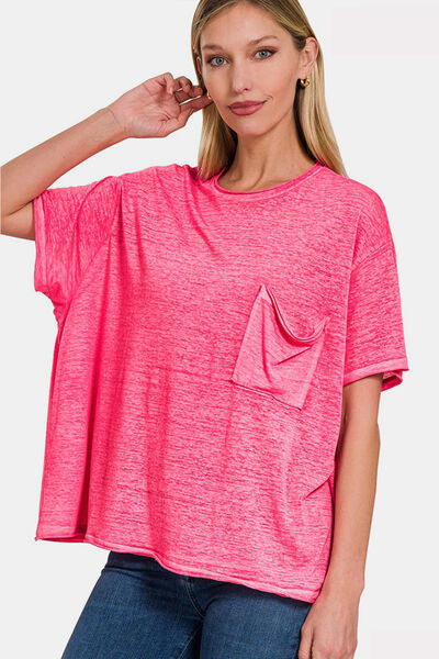 Zenana Pocketed Round Neck Dropped Shoulder T-Shirt