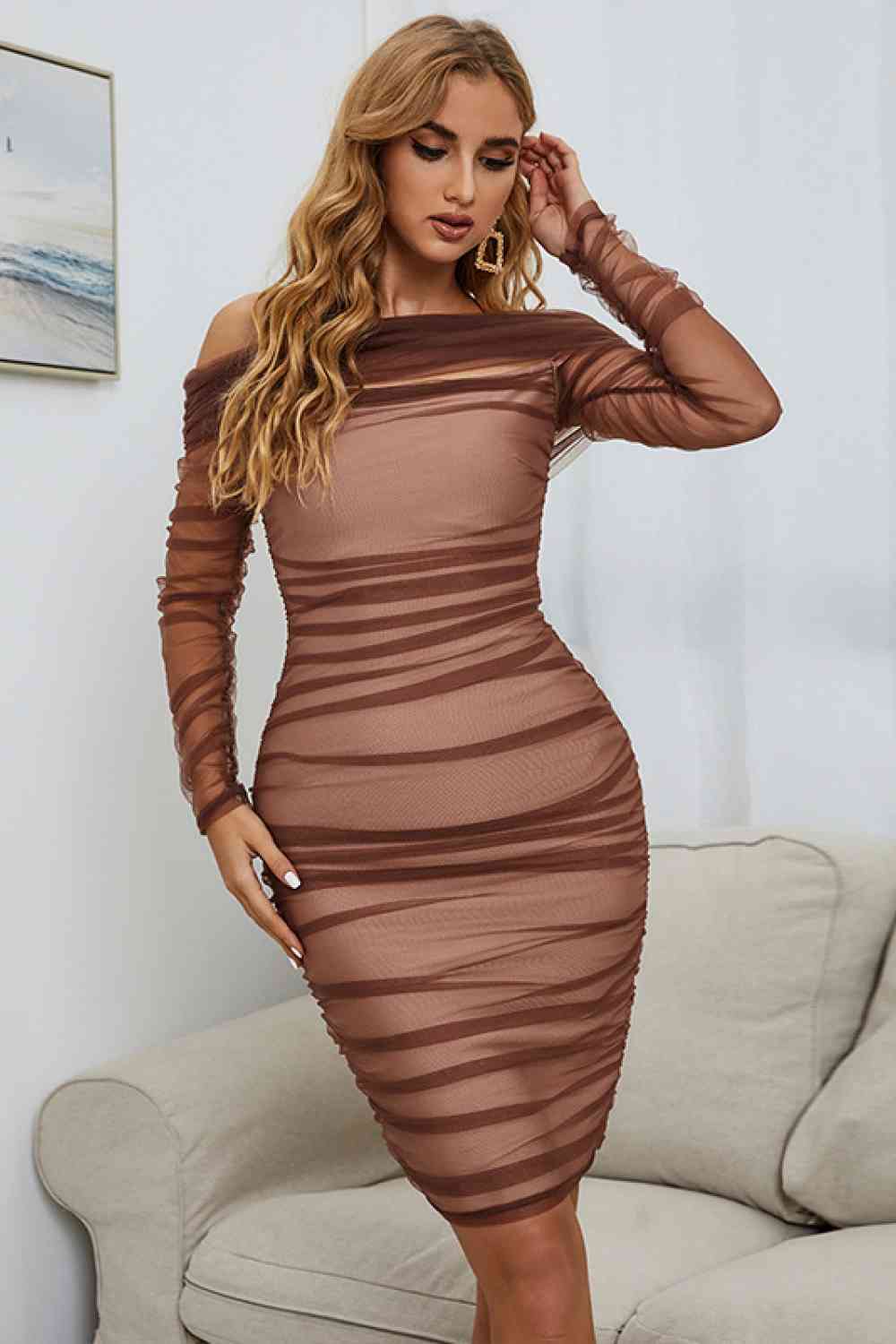 Off-Shoulder Ruched Long Sleeve Tulle Dress