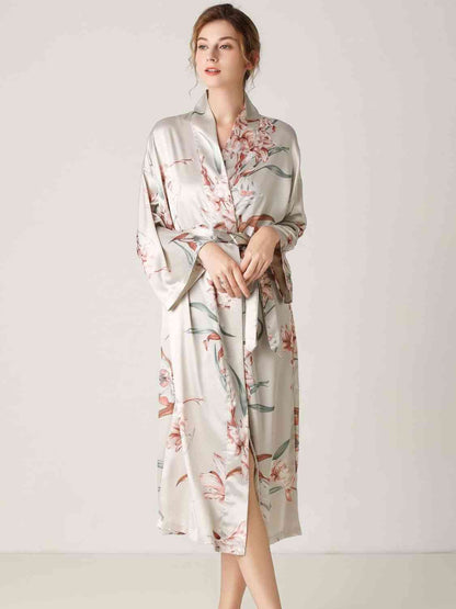 Floral Tie Waist Long Sleeve Robe