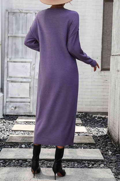 Notched Neck Dropped Shoulder Button-Down Midi Sweater Dress