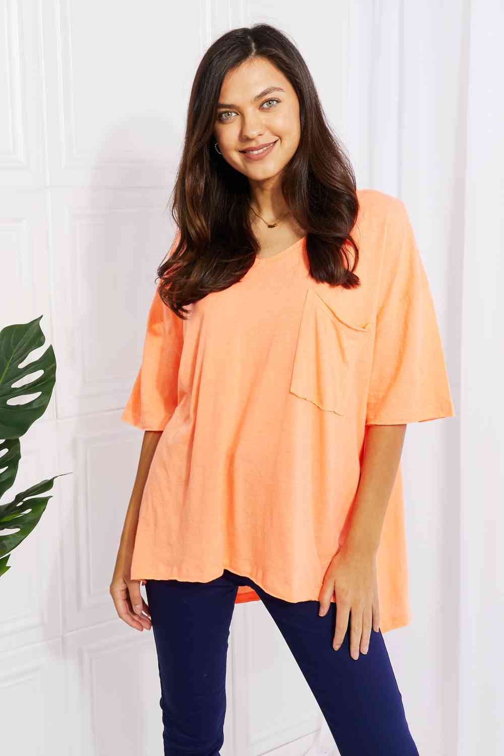 Zenana Neon Lights Full Size Raw Edge Pocket Tee