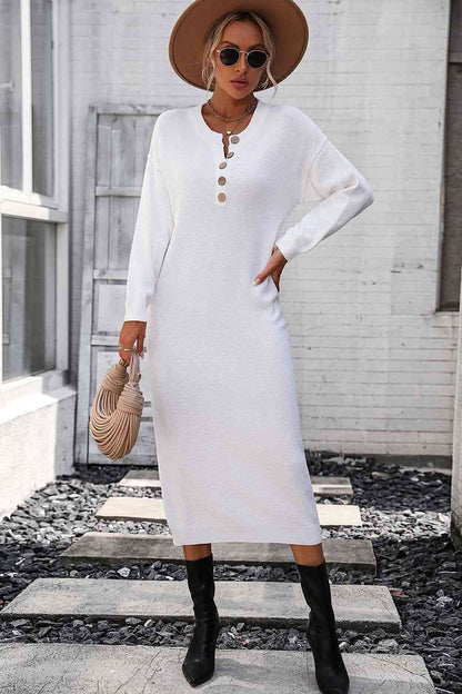 Notched Neck Dropped Shoulder Button-Down Midi Sweater Dress