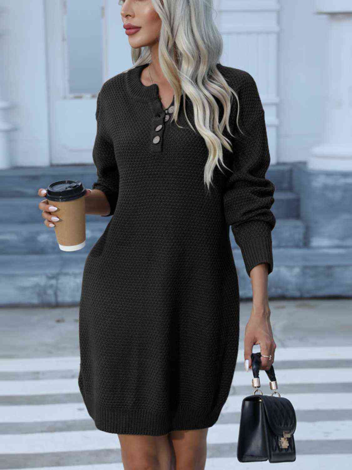 Buttoned Round Neck Long Sleeve Sweater Dress