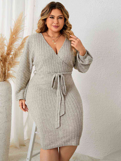 Plus Size Tie Waist Wrap Sweater Dress