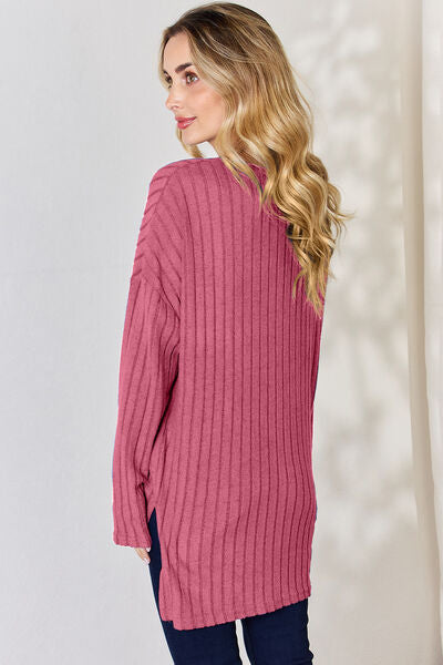 Full Size Ribbed Half Button Long Sleeve High-Low T-Shirt