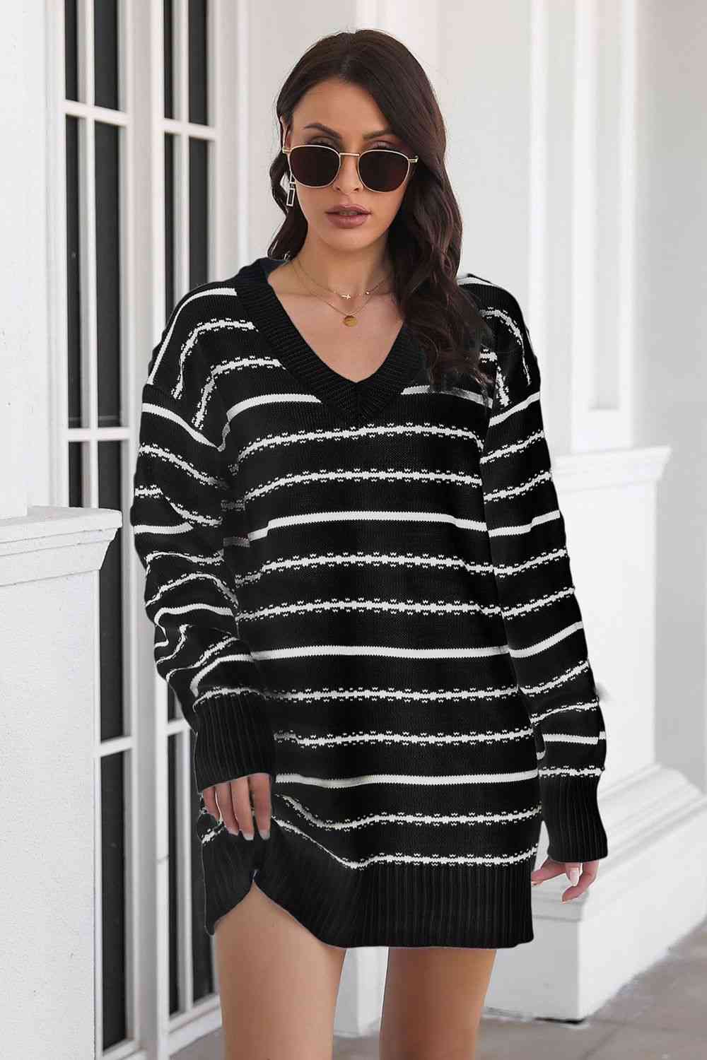 Striped V-Neck Sweater Dress