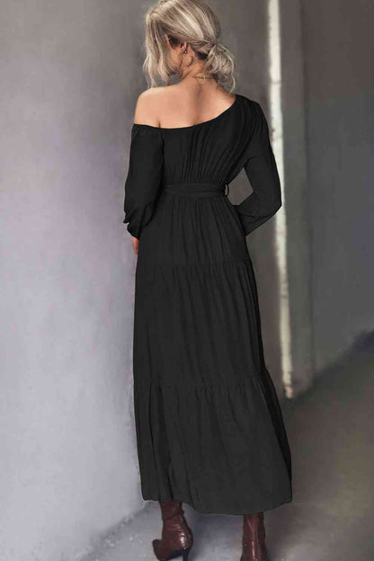 Belted One-Shoulder Tiered Maxi Dress