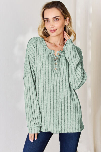 Full Size Ribbed Half Button Long Sleeve T-Shirt