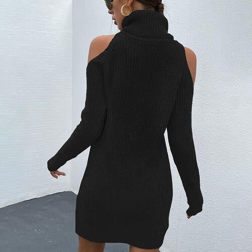 Cold Shoulder Turtleneck Sweater Dress