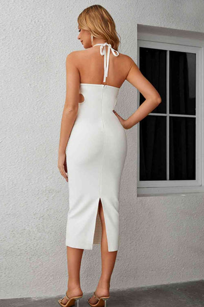 Rhinestone Cutout Halter Neck Slit Dress