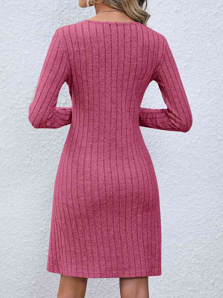 V-Neck Long Sleeve Mini Sweater Dress