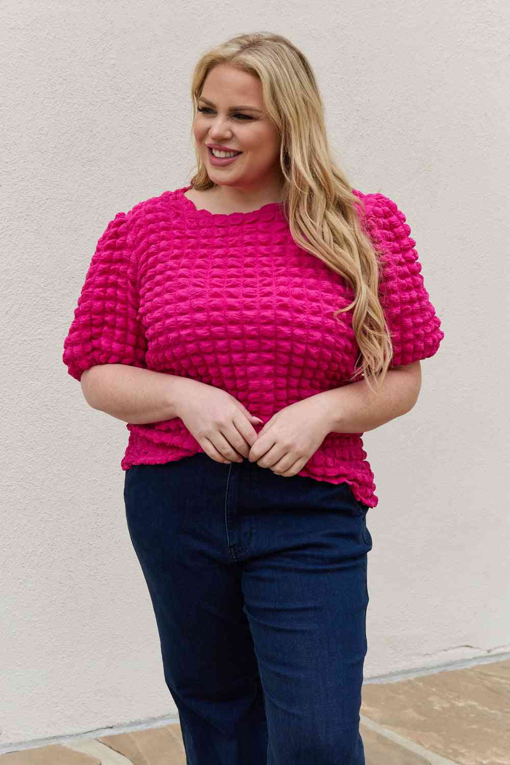 Full Size Bubble Textured Puff Sleeve Top