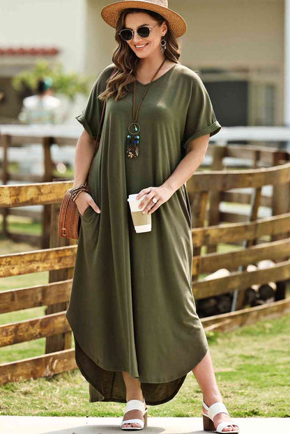 Plus Size V-Neck Short Sleeve Maxi Dress