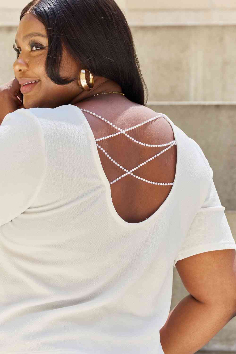 Full Size Crisscross Pearl Detail Open Back T-Shirt