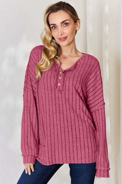 Full Size Ribbed Half Button Long Sleeve T-Shirt