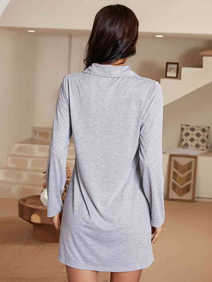 Lapel Collar Long Sleeve Night Dress