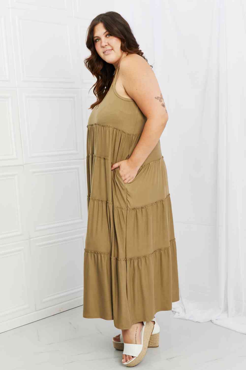 Full Size Spaghetti Strap Tiered Dress with Pockets in Khaki