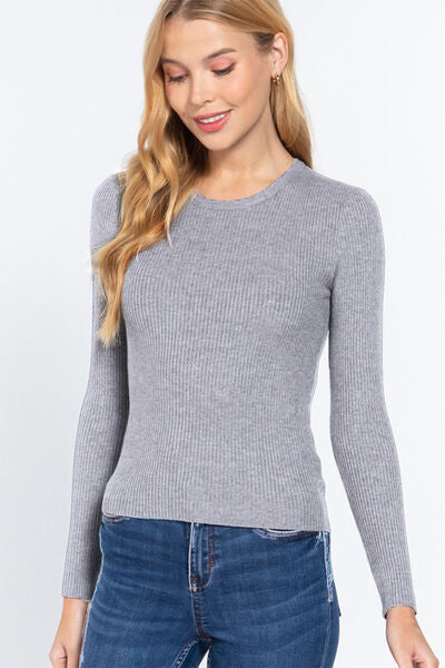 Full Size Ribbed Round Neck Long Sleeve Knit Top