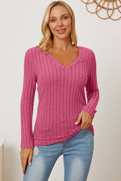 Full Size Ribbed V-Neck Long Sleeve T-Shirt