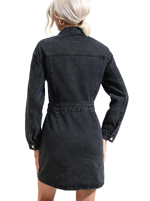 Buttoned Collared Neck Denim Mini Dress