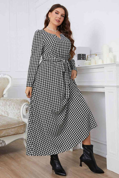 Plus Size Notched Neck Houndstooth Tie Belt Maxi Dress